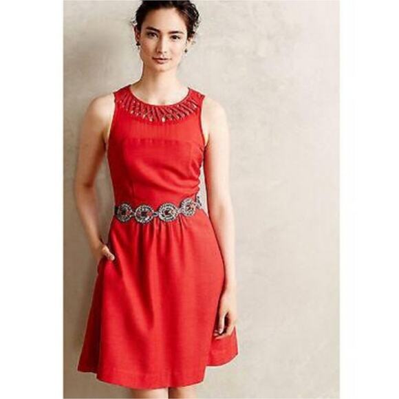 Anthropologie Maeve Lattice Neck Dress Red - Picture 1 of 10